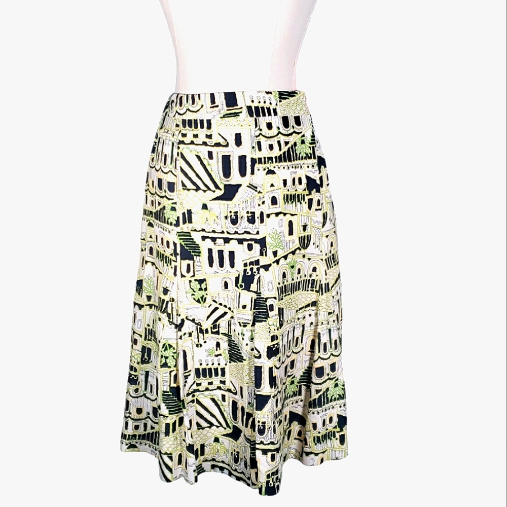 Jones NY Silk Linen Blend Skirt Travel Novelty Town Scapes Tuplip Gored  10